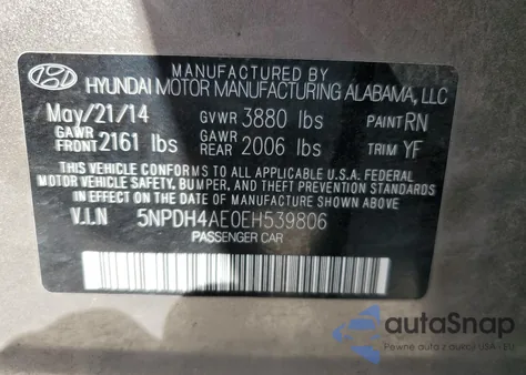 2014 Hyundai Elantra Se from USA, damaged, VIN 5NPDH4AE0EH539806